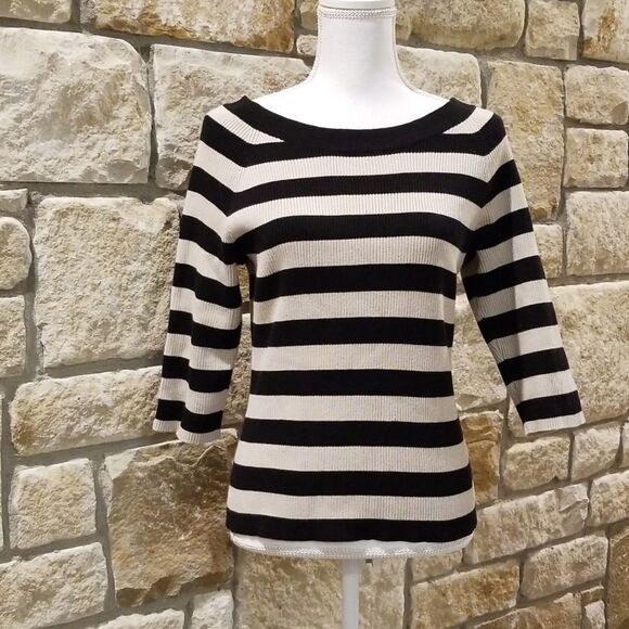 (RELATIVITY) women's ribbed sweater black tan size large graphic stripe - Picture 1 of 5